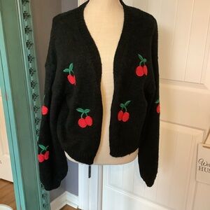 Love Tree Black Cardigan with Cherry Embroidery